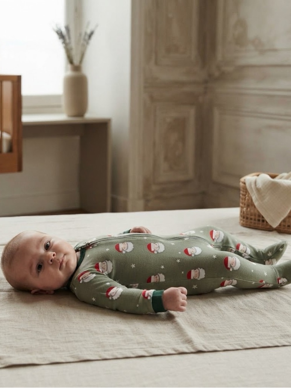 Petit Lem Organic Green Christmas Santa Zipper Footed Sleeper